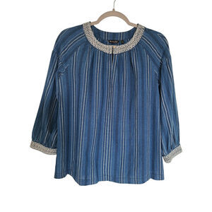 Massimo Dutti Blue Chambray Denim Embroidered 3/4 Sleeve Blouse Top Size Small